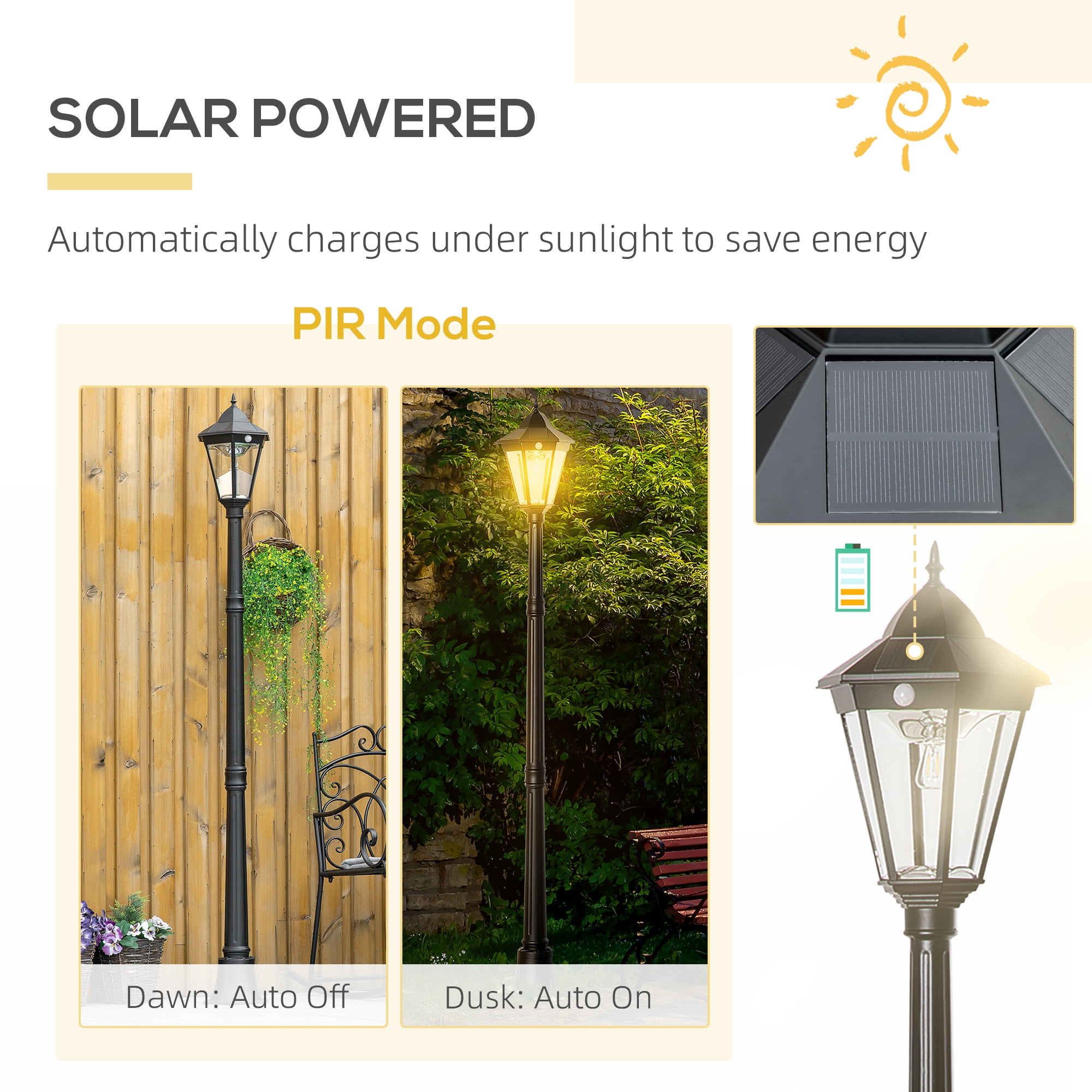 Outsunny 77" Solar Lamp Post Light, Black Aluminum, Motion Sensor, Adjustable Brightness