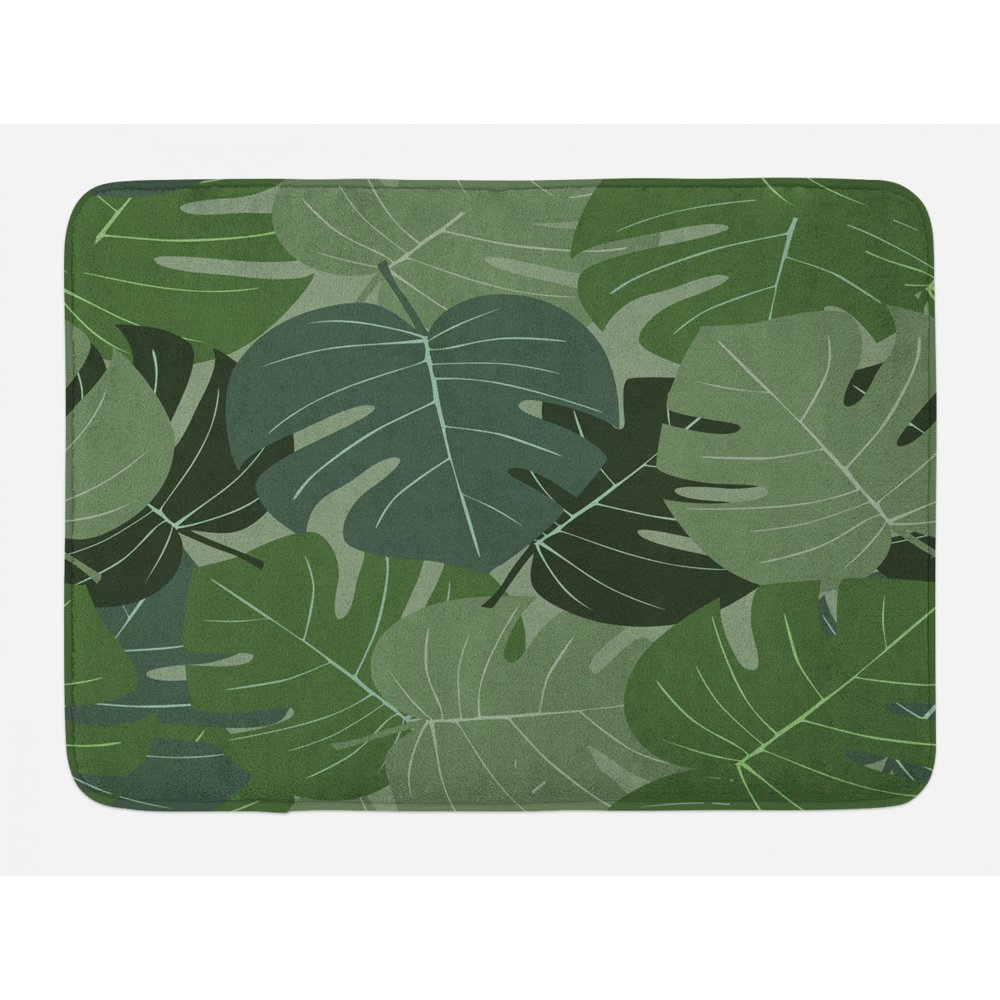 Forest Green Bath Mat, Camouflage Pattern of Palm Leaves Tropical