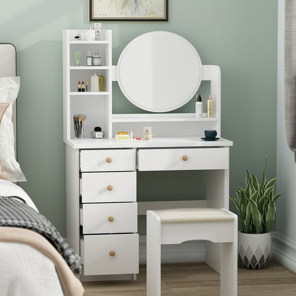 Vanity Set with Mirror Modern Storage Makeup Dressing Table with 5 Drawers White