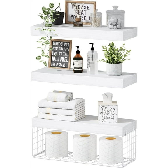 White Bathroom Shelves Over Toilet Wall Mounted Floating Shelves Farmhouse Shelf Toilet Paper Holder Small 16 inch Set of 3 (019-W3)