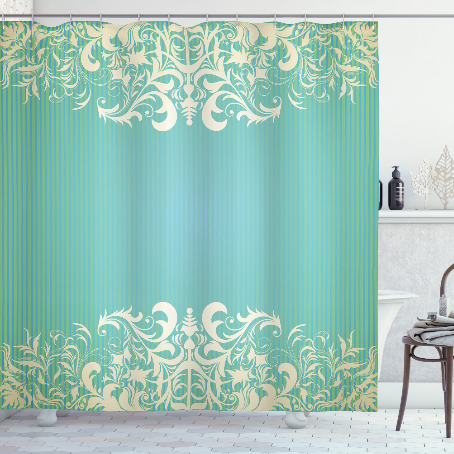 Details about / Vintage Shower Curtain Curlicues Floral Design Print for Bathroom