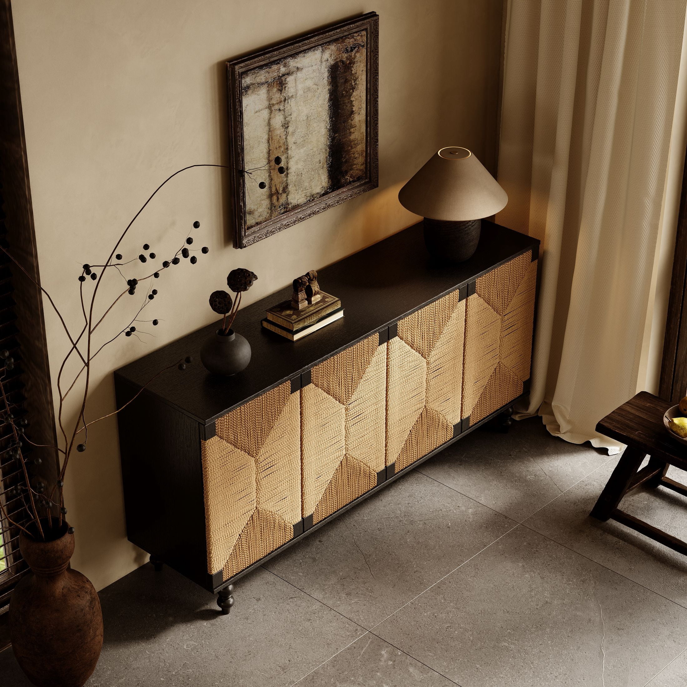 Noble House Enoch 59" Sideboard Buffet Cabinet with Handwoven Seagrass Doors & Solid Wood Legs, Black & Natural