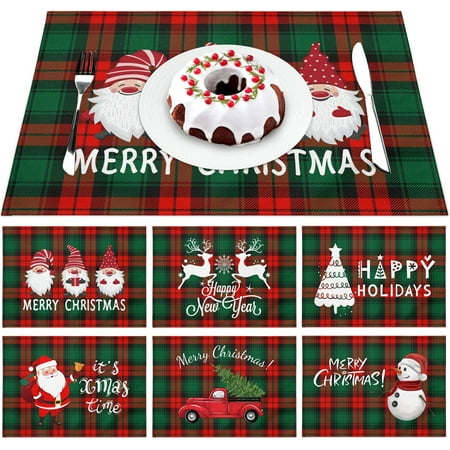 

JOOCAR Christmas Placemats 18x12 Christmas Ornaments Red and Green Buffalo Plaid Santa Christmas Tree Snowman Reindeer Truck Placemats for Table Decorations Rectangular Placemats Set of 6
