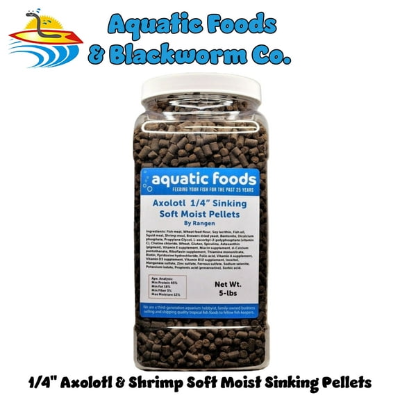 Axolotl Food 1/4" Soft Moist Sinking Rangen Salmon Pellets for Adult Axolotl also Shrimp, Snails, Crabs, Crayfish, Bottom Tropical Fish...5-lb Lg Jar