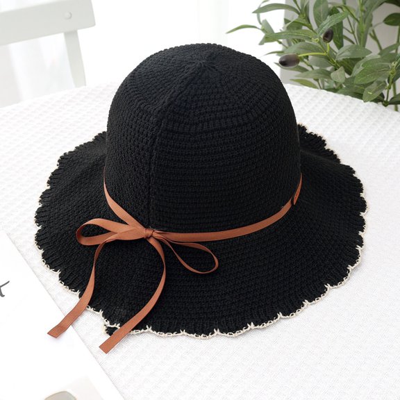 Fewfanhot Women Scalloped Wide Brim Straw Bucket Hat, UPF Sun Protection Foldable Beach Fisherman Hat with Fabric Ribbon Bow