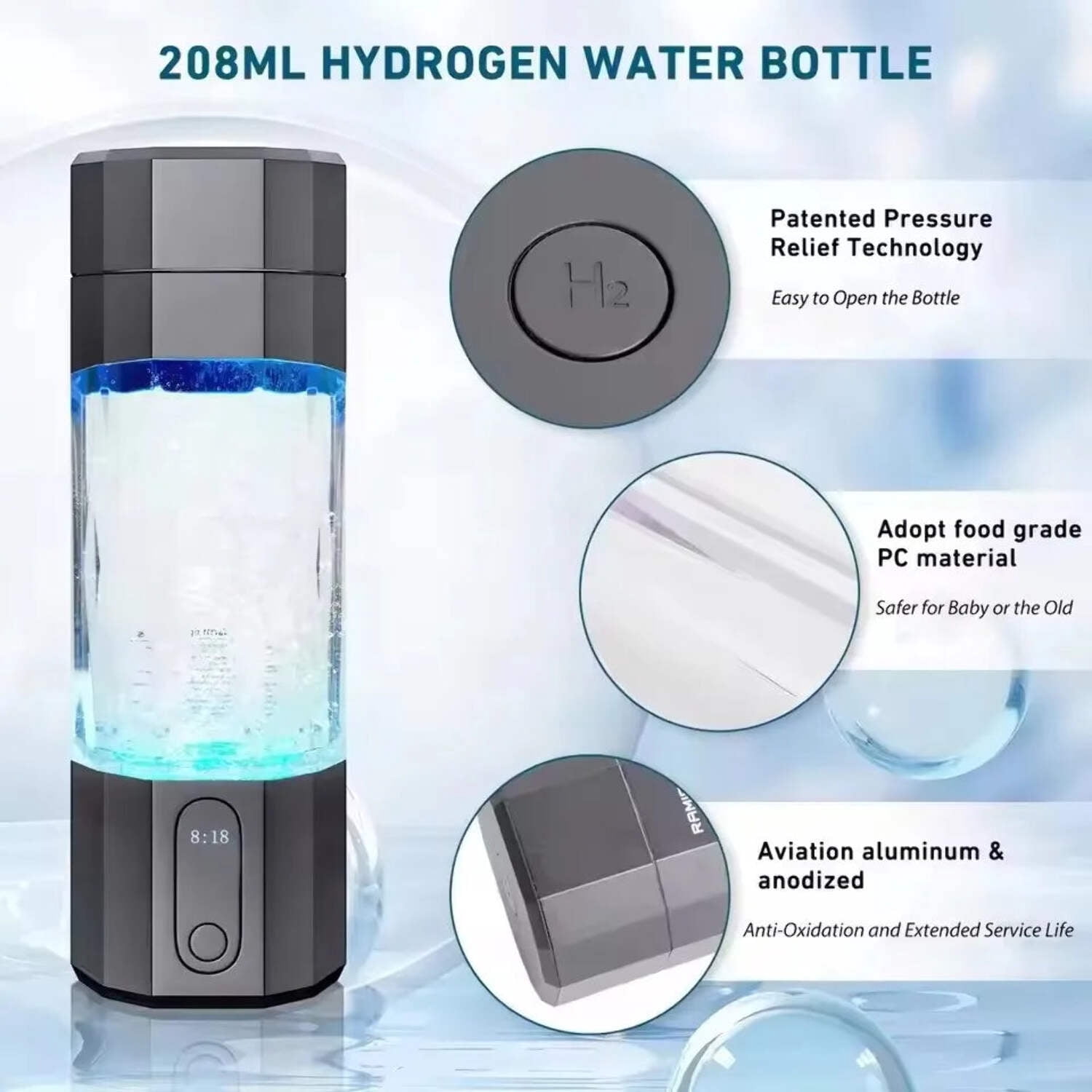 2025 10000PPB Hydrogen Water Bottle with Colorful Light  Valve