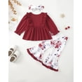 thumbnail image 3 of KIMI BEAR 6 Months Newborn Baby Girl Outfit Set 12 Months Winter Clothing Ruffle Long Sleeves Bowknot T-shirt Top Floral Flared Pants with Headband 3pcs Pant Sets Red, 3 of 9