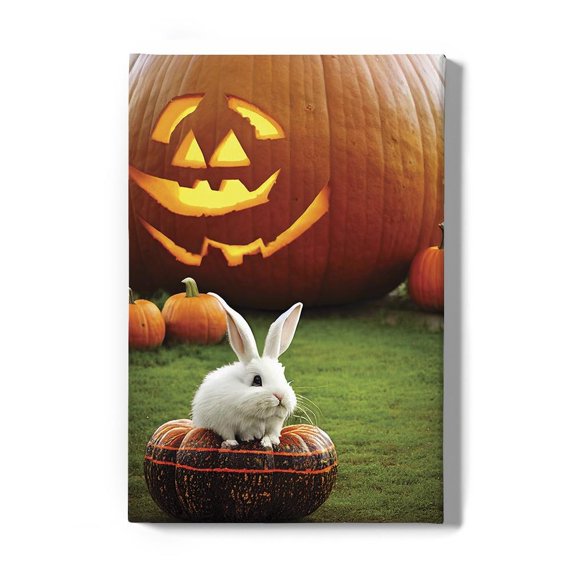 Cute Bunny Sits On Big Pumpkin Wrapped Canvas -Image by Shutterstock,