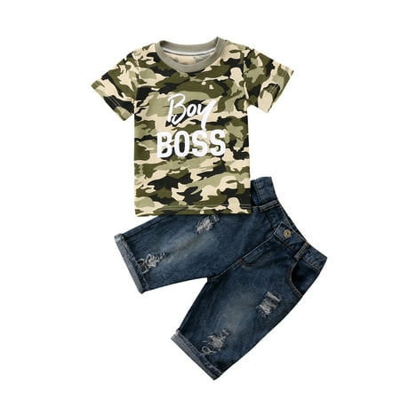 

Nokpsedcb Toddler Baby Boy Cool Clothes Short Sleeve T Shirt Top Ripped Jeans Denim Shorts Summer Outfits Set 2 Pcs Green 4-5 Years