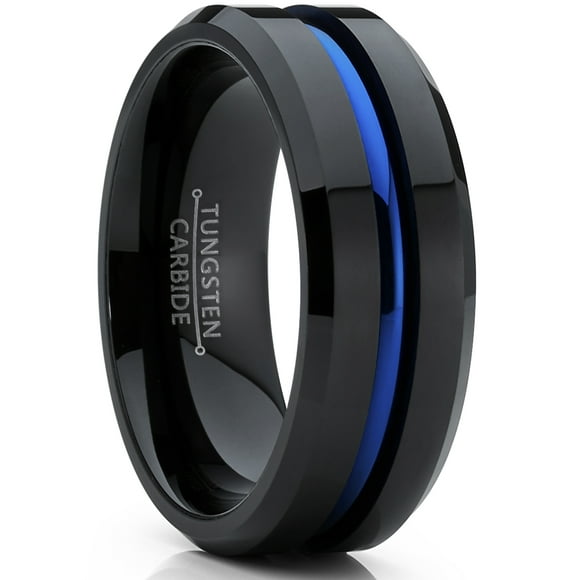 Men's Tungsten Carbide Black and Blue Wedding band Engagement Ring with Grooved Center, Comfort Fit