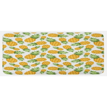 Yellow and White Kitchen Mat, Pineapples Tropical Climate Fruits Ripe Juicy Food, Plush Decorative Kitchen Mat with Non Slip Backing, 47" X 19", Earth Yellow Green White, by Ambesonne