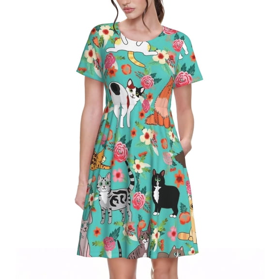 Cute Cat Women's Dresses Short Sleeve Nightdresses for Summer