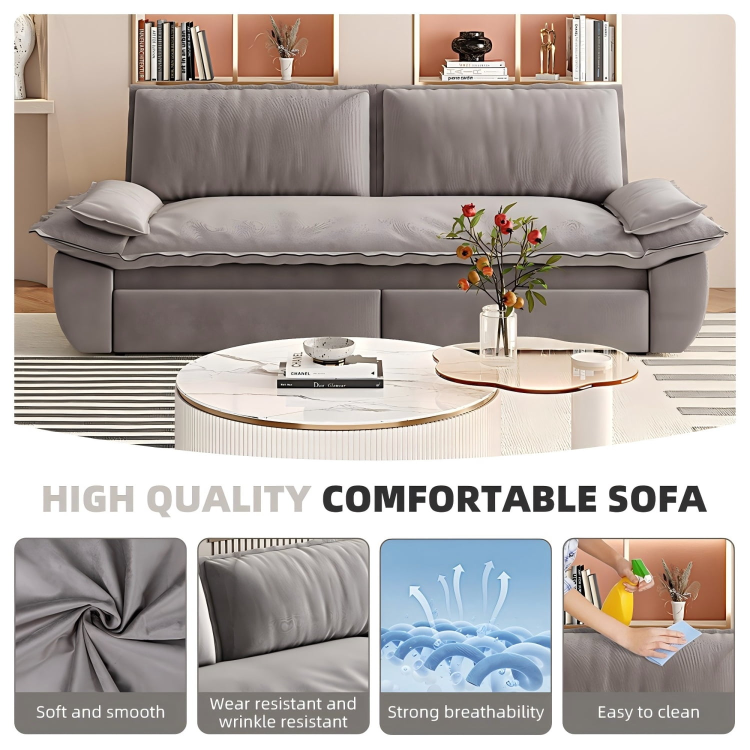 MOONMISS 73.2" Queen Pull Out Sofa Bed,3-in-1 Convertible Sleeper Sofa,Multi-Functional Velvet Couch Bed,Gray