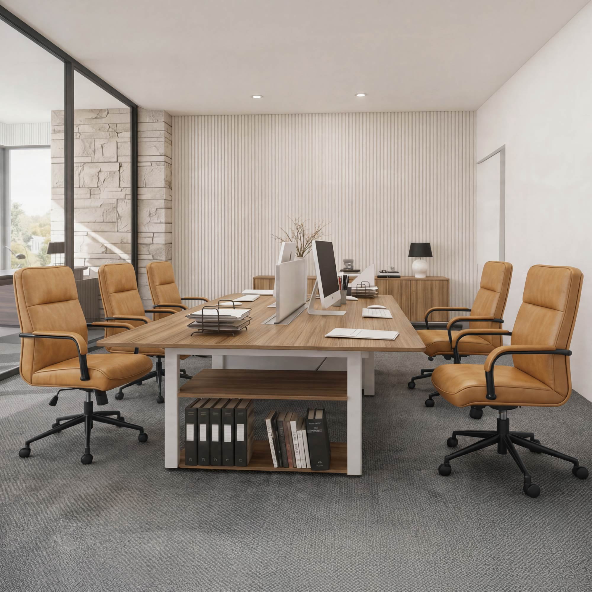 Spruce & Spring Upholstered Swivel Office Chair with Ergonomic High Back, Metal Frame & Upholstered Arms, Saddle Brown Faux Leather