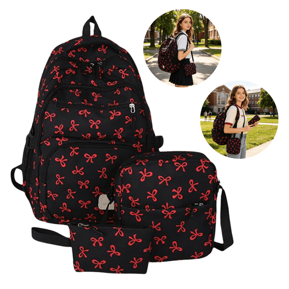 3 PCS Red Teenage Bow Backpack, Elementary/Middle/High Schoolbag, Multi-Compartment Water-resistant Cute Bookbag