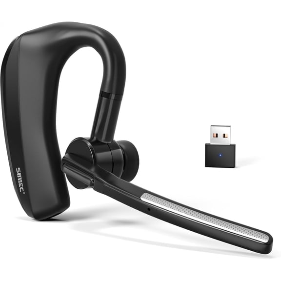 SUNITEC Single Ear Bluetooth Wireless Headset with Noise Canceling Microphone, USB Dongle, for PC and Mac, Black