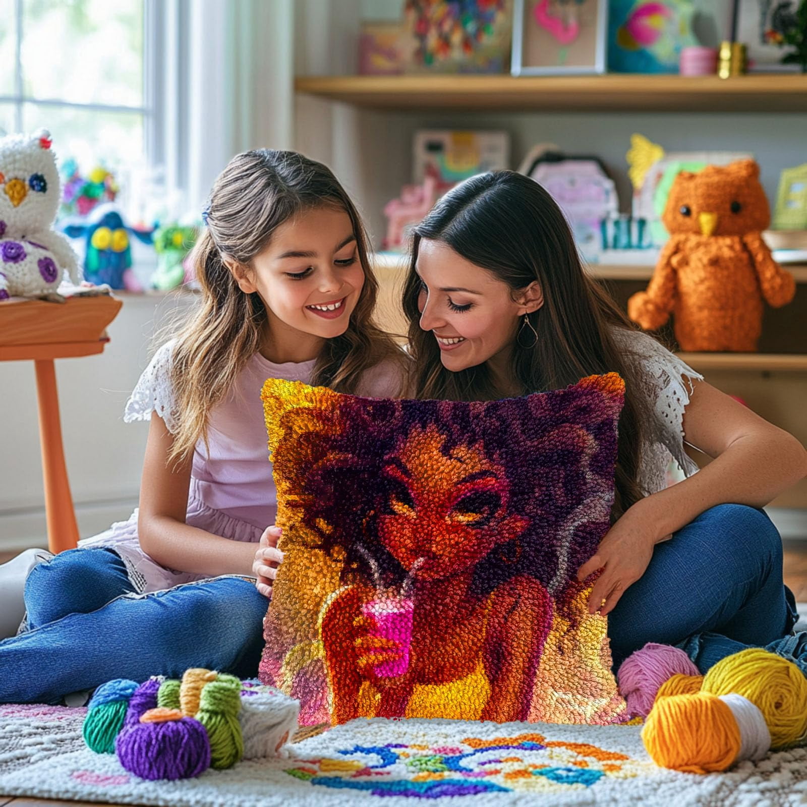 Cartoon African Woman Drink DIY Latch Hook Pillow Kits for Adults Printed Pillowcase Crochet Yarns Hooking Handmade Pillow Cover Cushion for Home Sofa Decoration 17x17inch