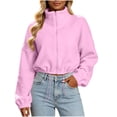 thumbnail image 2 of thefmos Women's Stand Collar Zip Up Cropped Jacket Drawstring Hem Solid Color Casual Winter Coat Fashion Fall Outfit, Pink M, 2 of 6