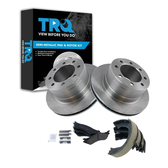 TRQ Rear Brake Pad & Rotor Kit Brake Pads Brake Rotor Parking Brake Shoe Set Semi-Metallic Fits Select 2006 Dodge Ram 1500