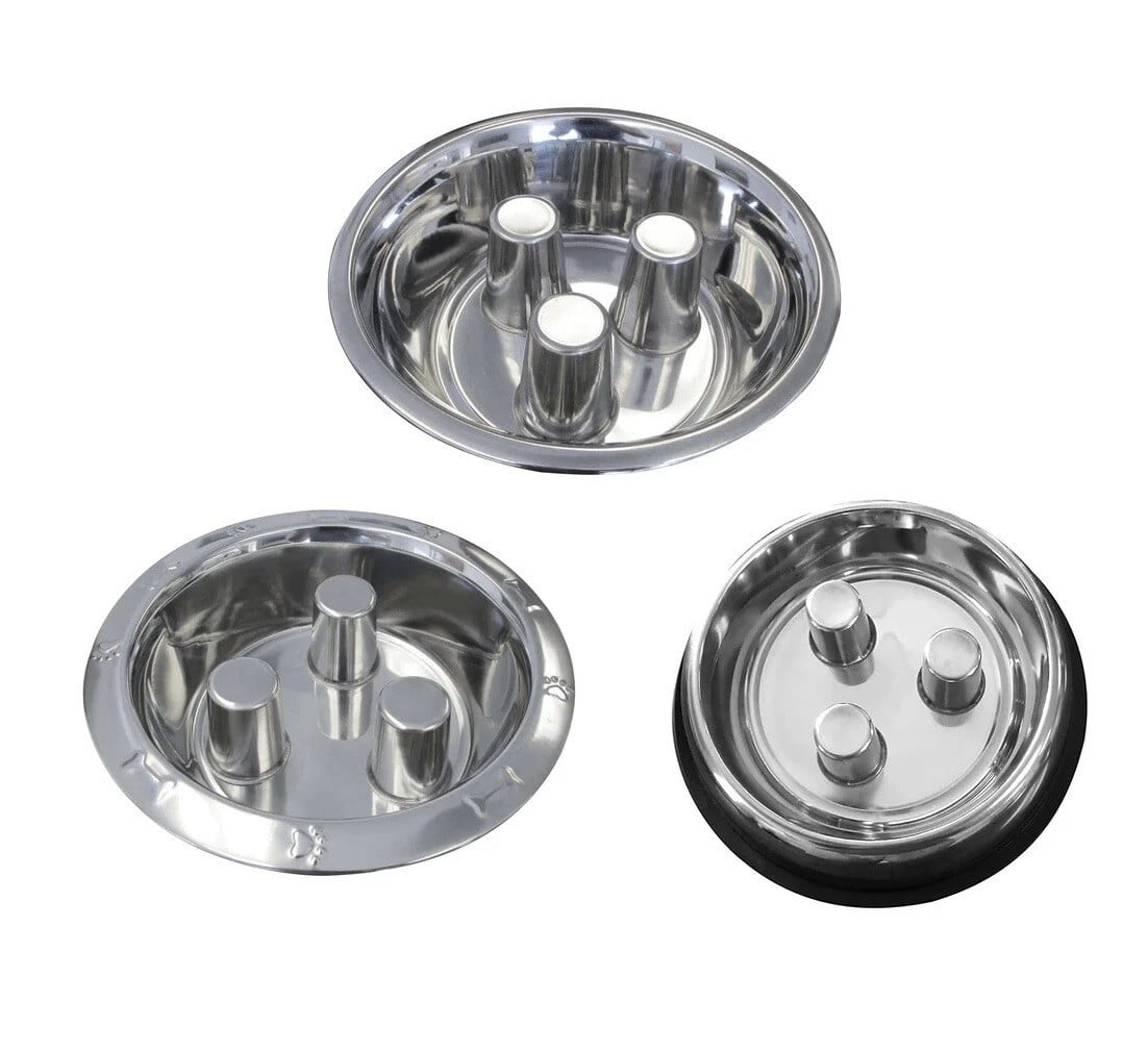 Dog Dishes Stainless Steel Healthy Slow Feeder Bowls Standard Embossed or No Tip (Standard - 32 Ounces)