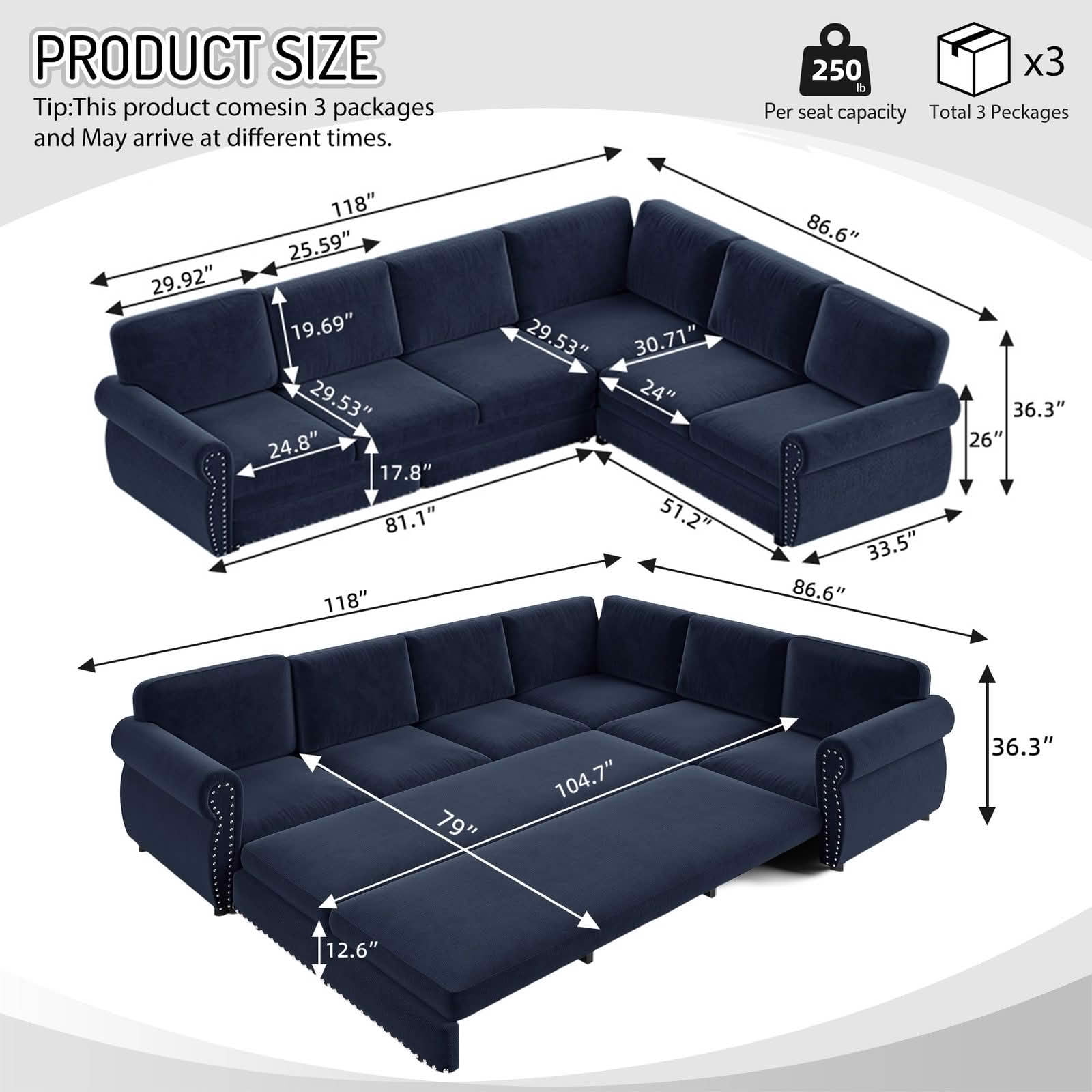 MAYEERTY 118" L‑Shaped Convertible Pull‑Out Sofa Bed, Chenille Sectional Couch with Nailhead Trim & Rolled Arms, Oversized Multifunctional Sleeper Sofa