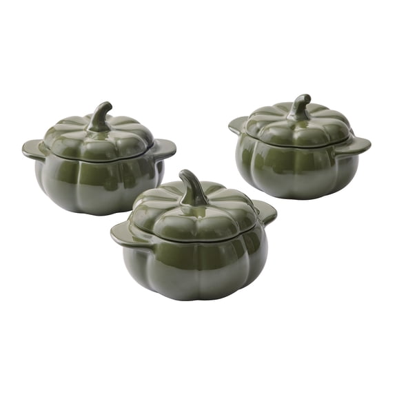 Better Homes & Gardens Green Figural Pumpkin Stoneware Cocotte with Lid, 3-Pack