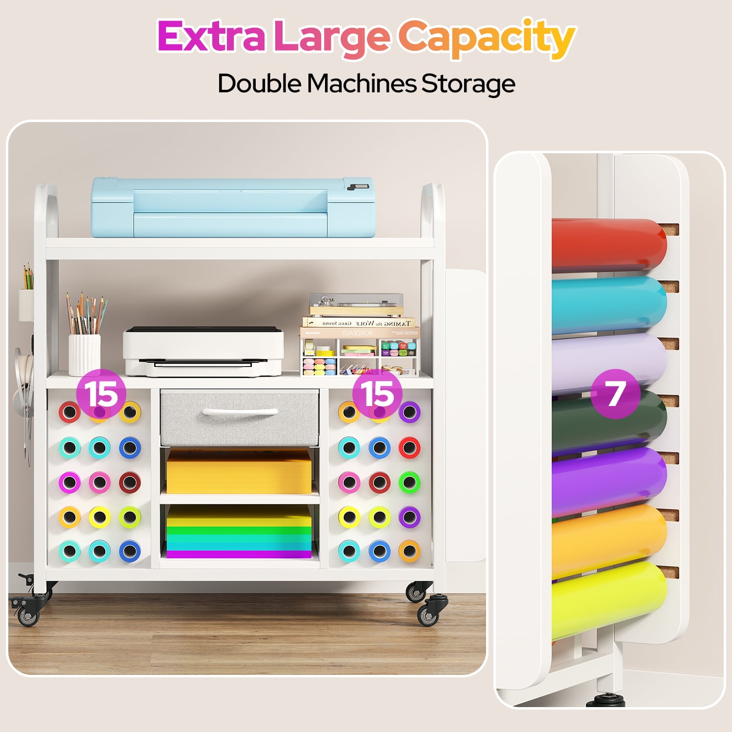 Large Rolling Craft Organization and Storage Cart with Vinyl Roll Holder & Hooks, Mobile Craft Organizer Workstation Compatible for Cricut Machines, Sewing Cricut Stand, Craft Room Storage Cabinet