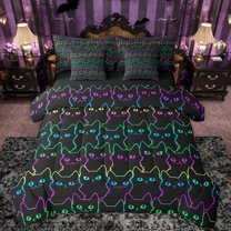 Manfei Kawaii Stripe Kitten 7-Piece Twin Bedding Sets,Cartoon Cat Bedding Comforter Set,Blue Purple Black Sheet Sets For Girls Boys,Ultra Soft Home Decor Reversible