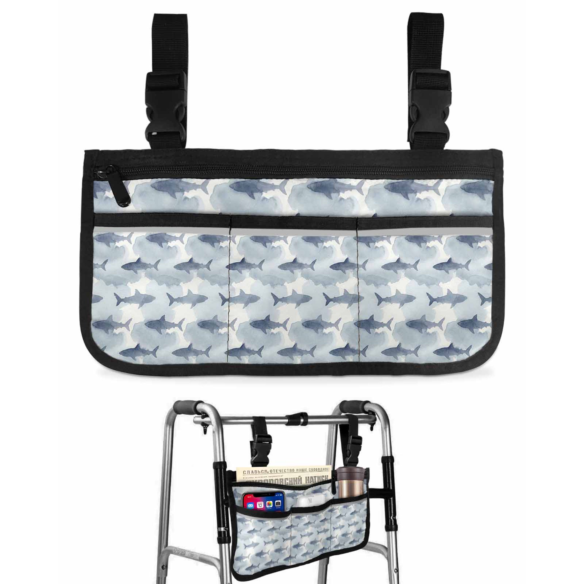 Sharks Wheelchair Side Bag with Cup Holder, Watercolor Gradient Grey Blue Shark Beige Blue Texture Wheelchair Armrest Bag Storage Pouch Adults, Seniors for Walkers, Rollator, Scooter