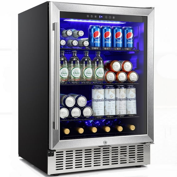 KNDKO (156 Can/3.2 Cu.ft) Beverage Refrigerator Cooler, 24" Wine Cooler with Stainless steel frame Glass Door, Temperature Control, LED Light