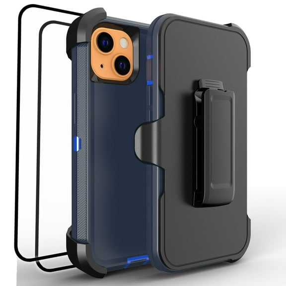 Hotpom for iPhone 15 Case with 2 Pack Screen Protector Heavy Duty Shockproof Drop Proof Full Body Protection Women Men universal Phone Cover with Black Belt Clip, Blue/Dark Blue