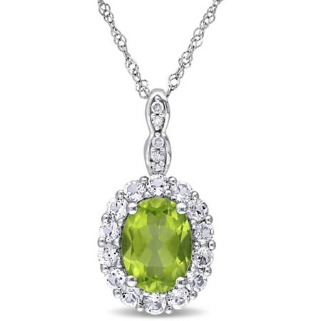 Tangelo 2 Carat T.G.W. Oval-Cut Peridot and White Topaz with Diamond-Accent 14kt White Gold Halo Pendant, 17