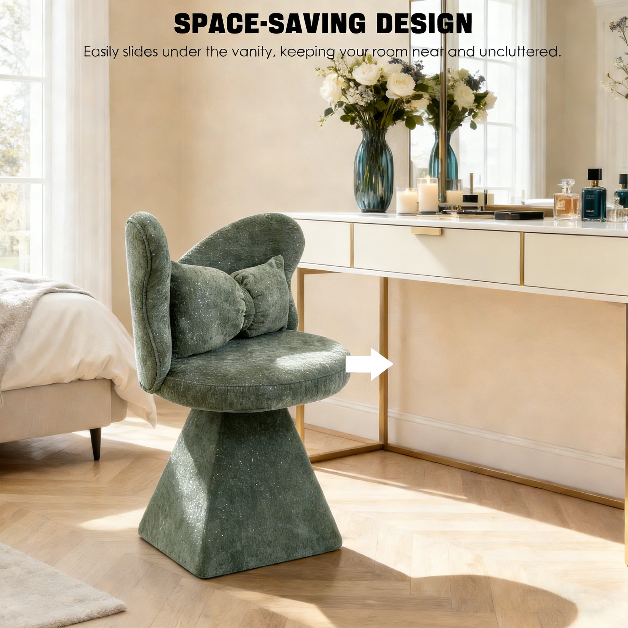 TrumanPick Green Swivel Vanity Chair with Butterfly Back, Makeup Chair for Bedroom