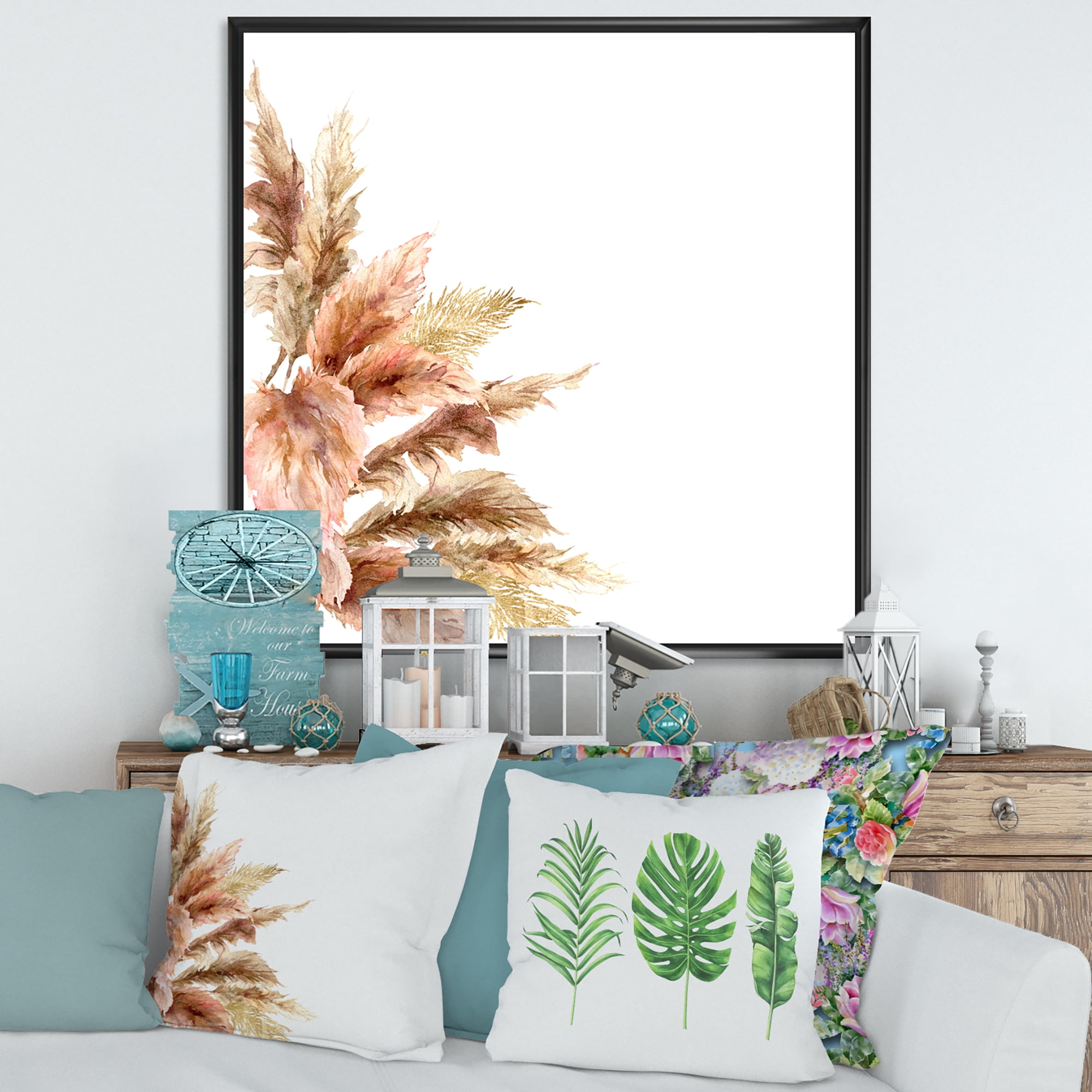 Designart 'Exotic Dry Pampas Grass On White Background' Traditional Framed Canvas Wall Art Print