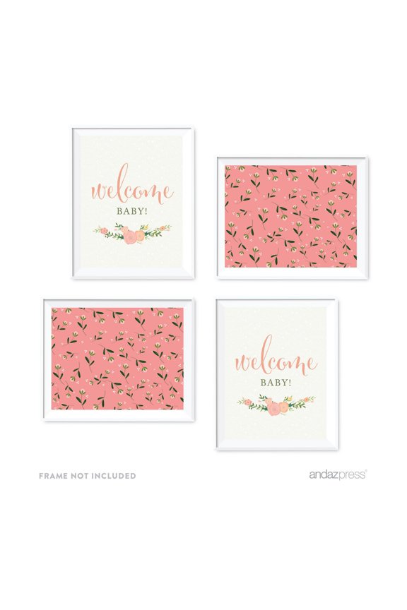 Floral Roses Girl Baby Shower Party Signs & Graphic Decorations, 4-Pack