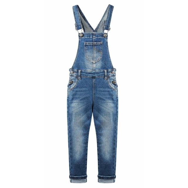 Overol Vaquero Desgastado de Algodón Roto Para Niñas, KIDSCOOL SPACE, Azul Profundo,12-13 Años