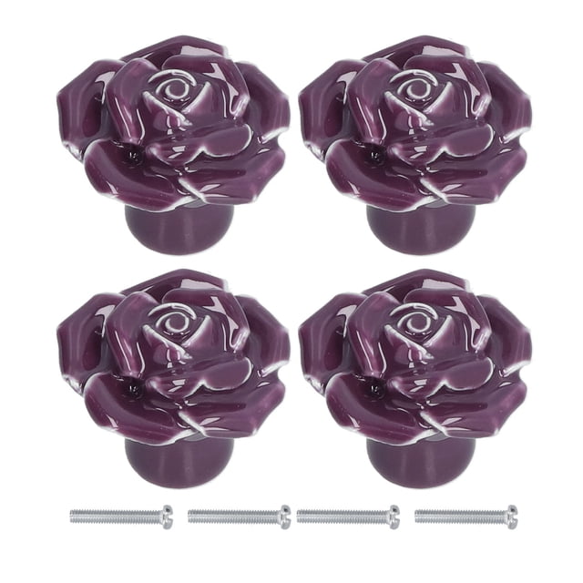 Juego de 4 pomos de cerámica modernos con forma de rosa para armario, para el hogar, la sala de estar y el dormitorio, color morado