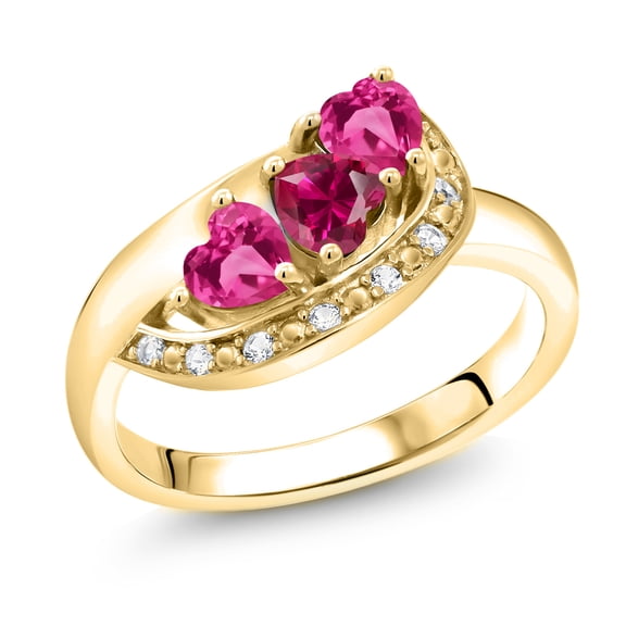Gem Stone King 18K Yellow Gold Plated Silver Red Created Ruby Pink Created Sapphire and White Created Sapphire Engagement Ring for Women (1.36 Cttw, Gemstone July Birthstone, Heart Shape 4MM, Size 7)