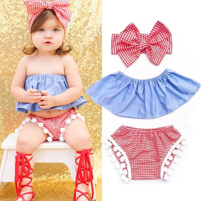 3PCS Toddler Newborn Baby Girl Off Shoulder Tops+Shorts Pants+Headband Outfit US