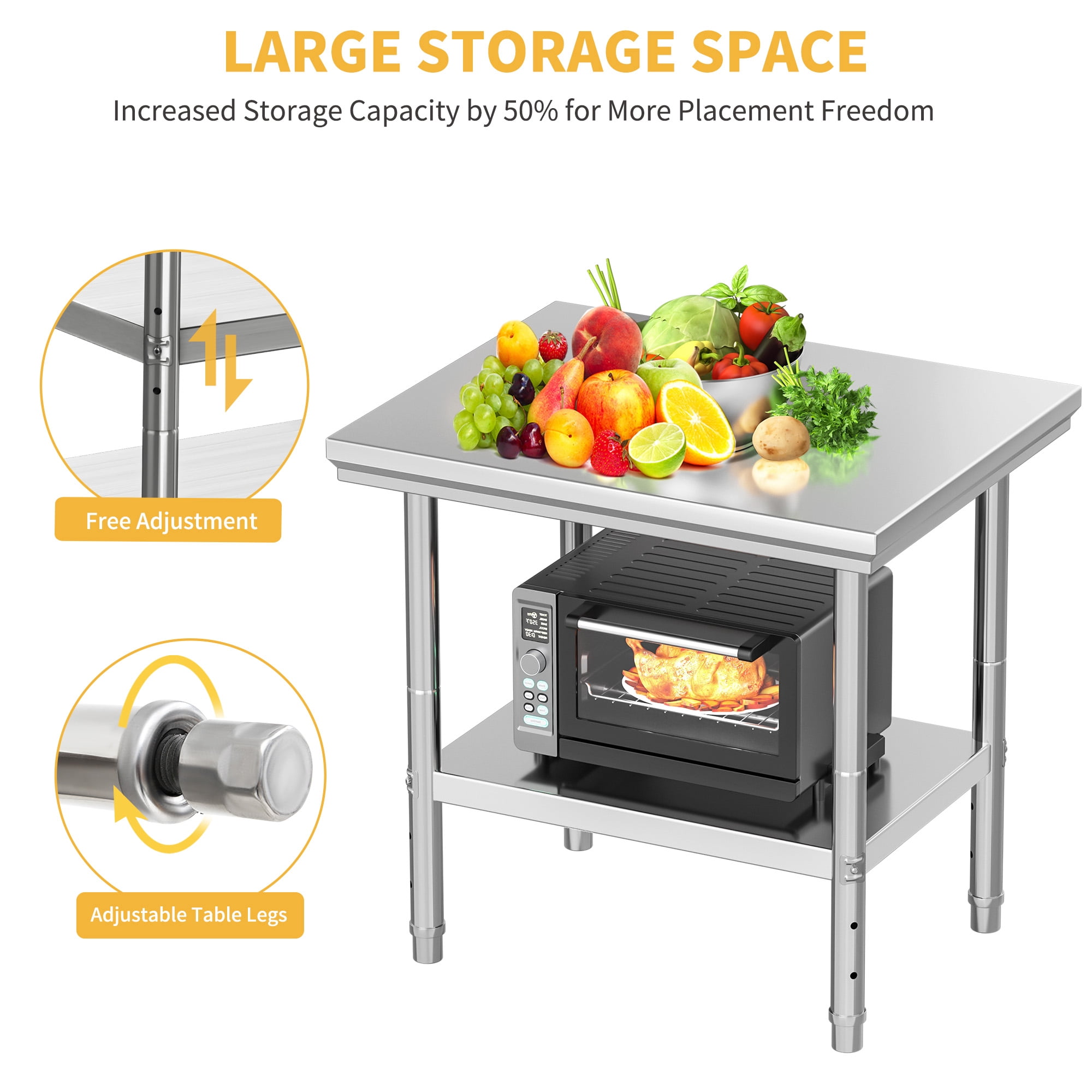 Uforic Stainless Steel Work Table, 30x24 Inch, NSF Certified, Adjustable Shelf, High Load Capacity, Commercial Metal Prep Table