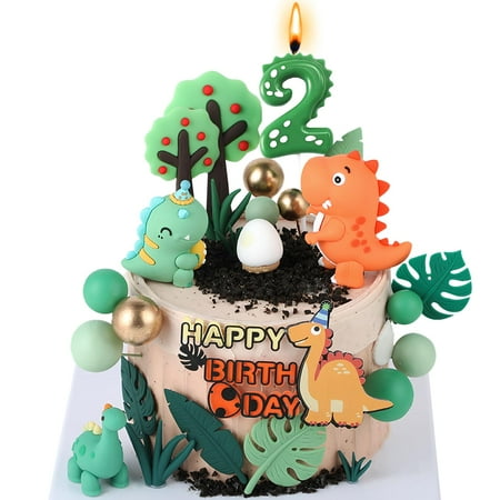 Dinosaur Cake Decorations Set,with Dinosaur Leaves ITL1 Grasses Cake Dinosaur Number 2 Candles Included for Birthday Party Decorations,Dinosaur Cake Toppers for Boys (2st birthday dinosaur)