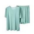 thumbnail image 2 of KDFJPTH Ice Silk Pajamas for Women Lougewear Sets 2 Pieces Short Sleeve Tshirt Bike Shorts 2025 Summer Outfits, 2 of 3