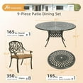 thumbnail image 2 of 9-Piece Patio Furniture Dining Set, All Weather Cast Aluminum Outdoor Conversation Set- 61" Round Patio Dining Table with Detachable Lazy Susan & 8 Cushioned Chairs, Umbrella Hole, Khaki, 2 of 9