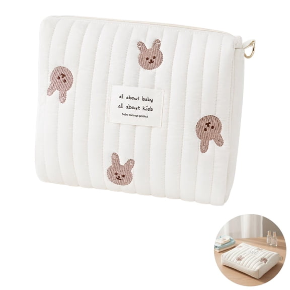 Cute Quilted Cotton Bag with Rabbit Embroidery, Women Travel Bag with Removable Strap and Hooks for Outdoor and Personal Storage