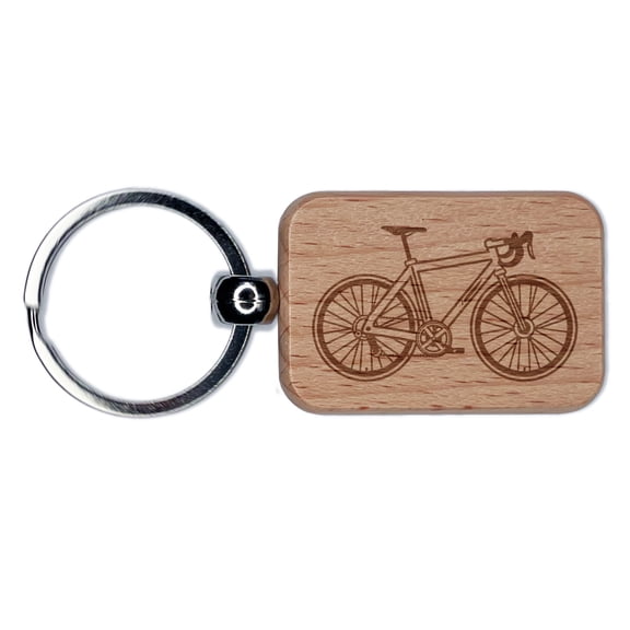 Road Bike Bicycle Cyclist Rectangle Keychain Charm Tag - Engraved Wood