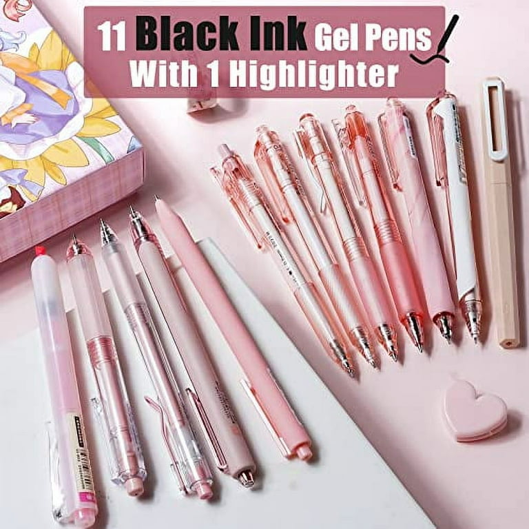 Four Candies 12Pack Pastel Gel Ink Pen Set, 11 Pack Black Ink Pens with  1Pack Highlighter for Writing, Retractable 0.5mm Fine Point Gel Pens, Cute  Note Taking Pens for School Office (Pink) 