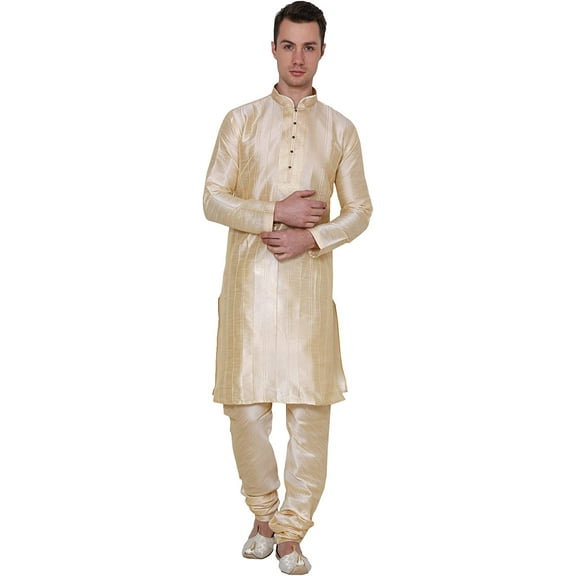 Royal Kurta Mens Raw Silk Pintuck Embroidered Kurta Sherwani Set Gold