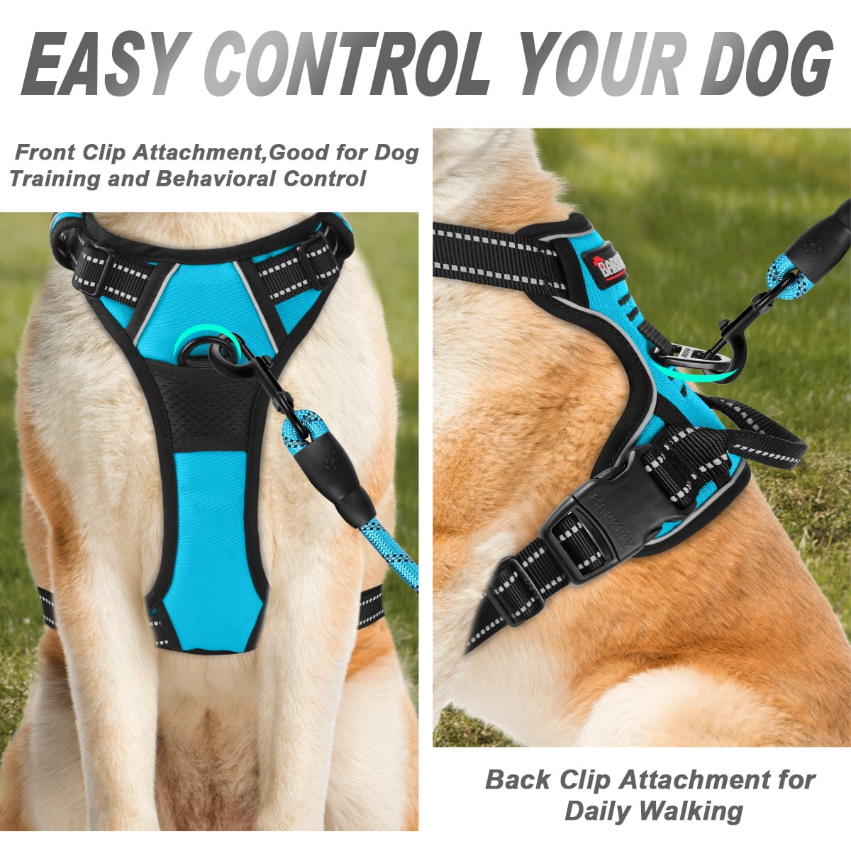 BARKBAY No Pull Dog Harness for Large Dogs with 2 Metal Leash Clips Reflective and Easy Control Handle for Walking Training Running Blue,M