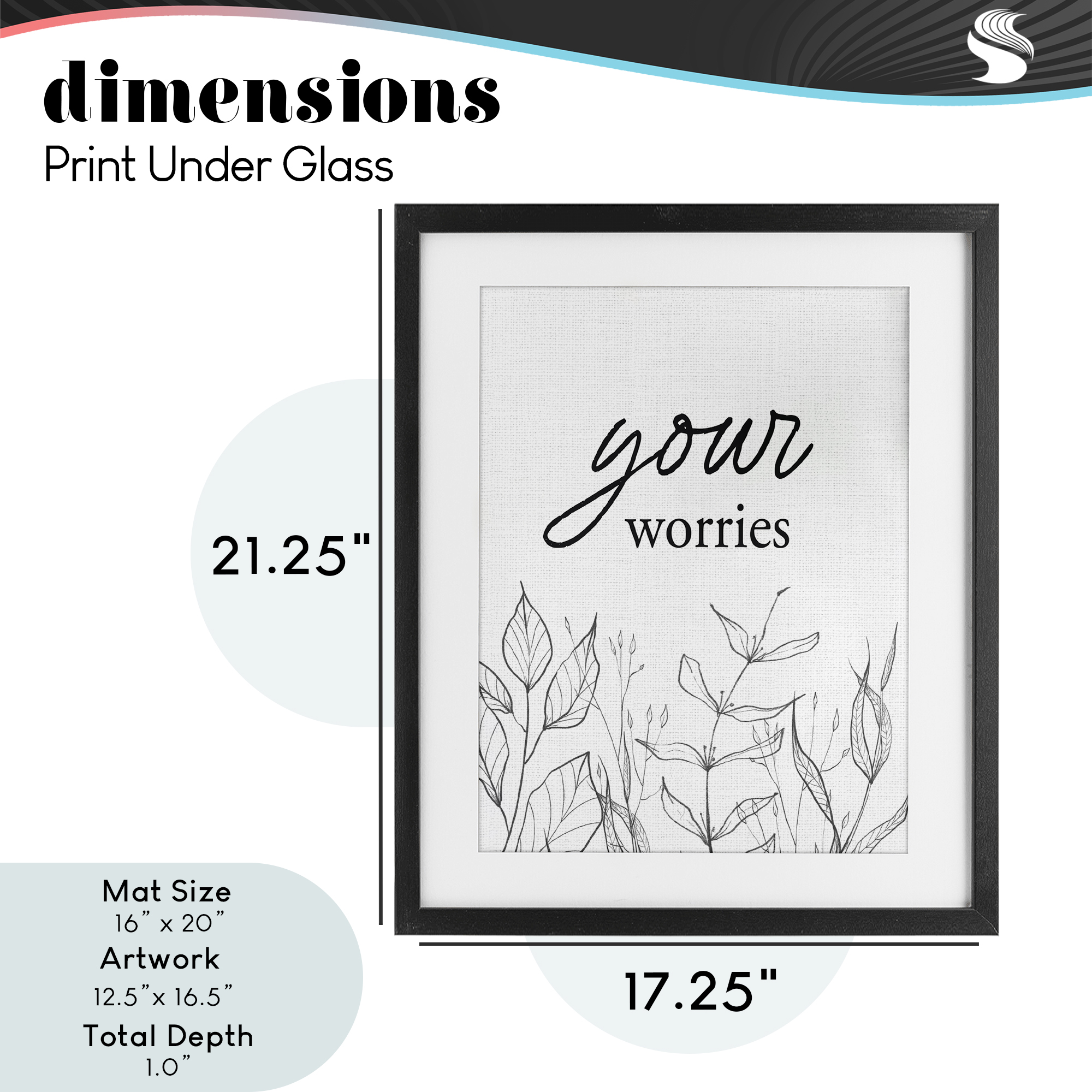 Your Worries Minimalist Leaves Black Framed Print Under Glass, design by Lettered and Lined