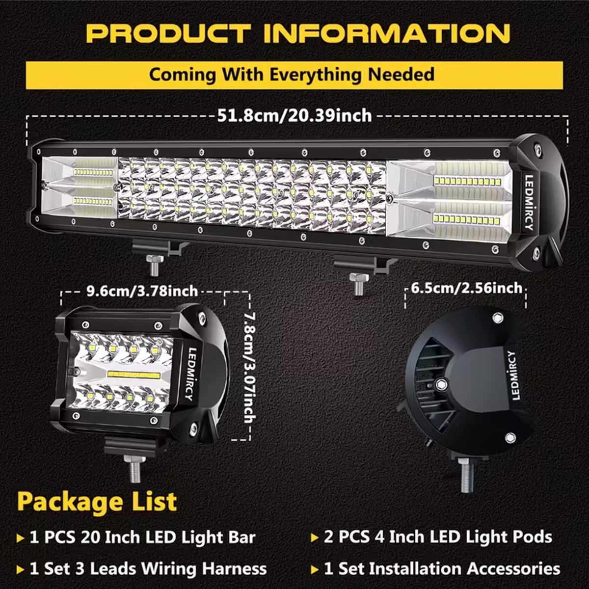 LEDMIRCY 20Inch LED Light Bar and 4Inch LED Pod Lights 2PCS with Rocker Switch Wiring Harness Kit Off Road Lights Spot Flood Combo Beam LED Driving Light Bar for Trucks ATV UTV SUV Tractor Boat